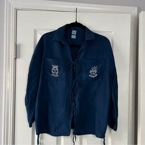 Em and Shi Indigo Blue Embroidered Tie-Front oversized Shirt Linen Sz Small